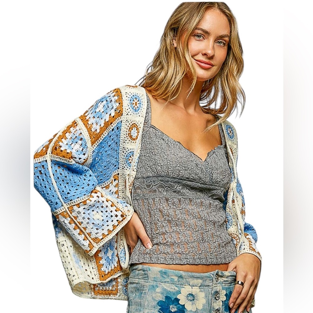 POL 🤩 Blue, Ivory, Brown Crochet Granny Square Open Knit Cardigan - Picture 1 of 8